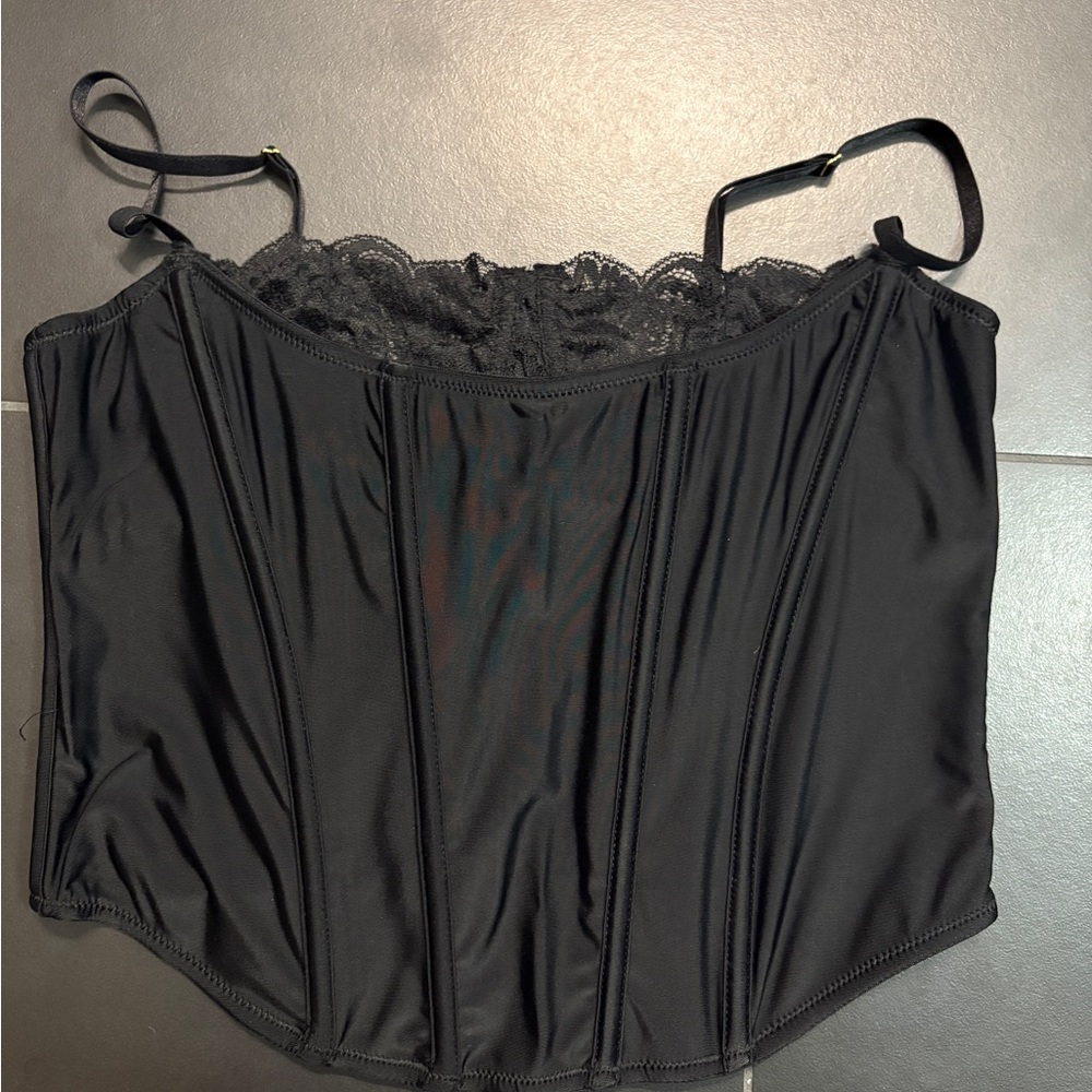 Out From Under Black Corset Top with Lace Trim